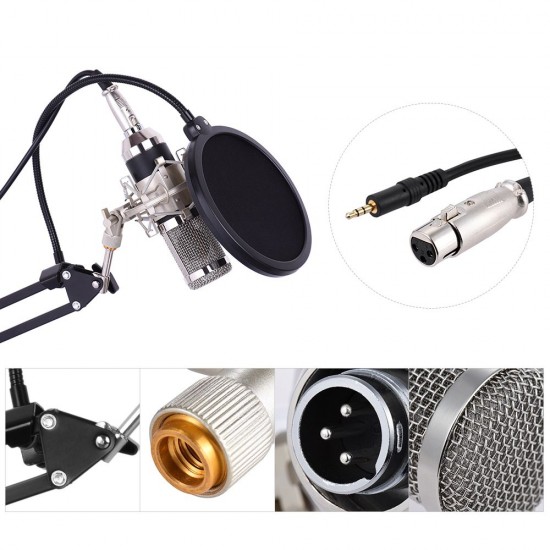 Professional Studio Broadcasting Recording Condenser Microphone Mic Kit Set 3.5mm with Shock Mount Adjustable Suspension Scissor Arm Stand Mounting Clamp Pop Filter Mic Clip