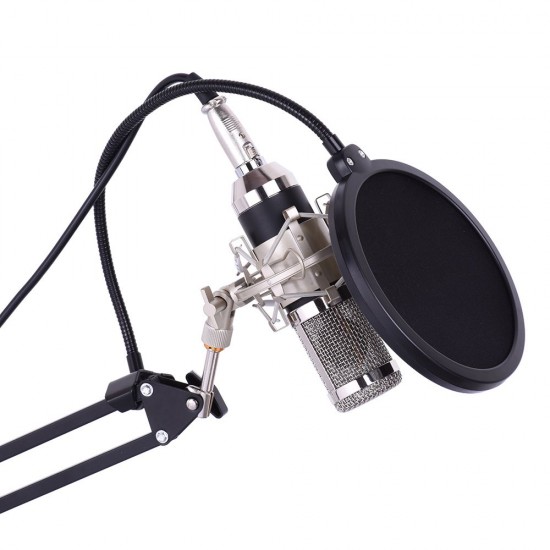 Professional Studio Broadcasting Recording Condenser Microphone Mic Kit Set 3.5mm with Shock Mount Adjustable Suspension Scissor Arm Stand Mounting Clamp Pop Filter Mic Clip