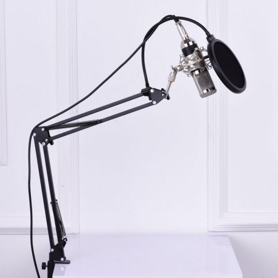 Professional Studio Broadcasting Recording Condenser Microphone Mic Kit Set 3.5mm with Shock Mount Adjustable Suspension Scissor Arm Stand Mounting Clamp Pop Filter Mic Clip