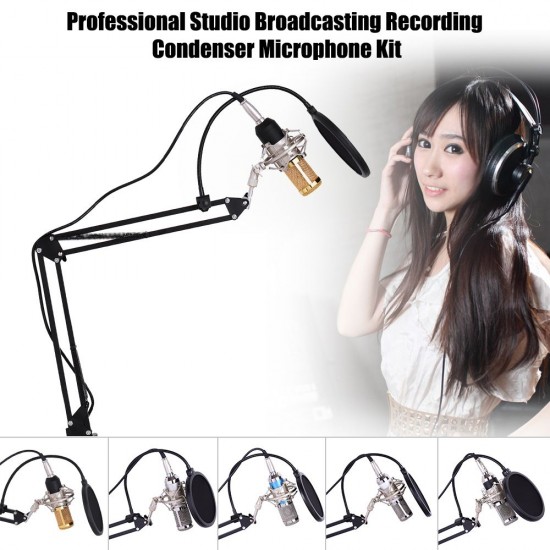 Professional Studio Broadcasting Recording Condenser Microphone Mic Kit Set 3.5mm with Shock Mount Adjustable Suspension Scissor Arm Stand Mounting Clamp Pop Filter Mic Clip