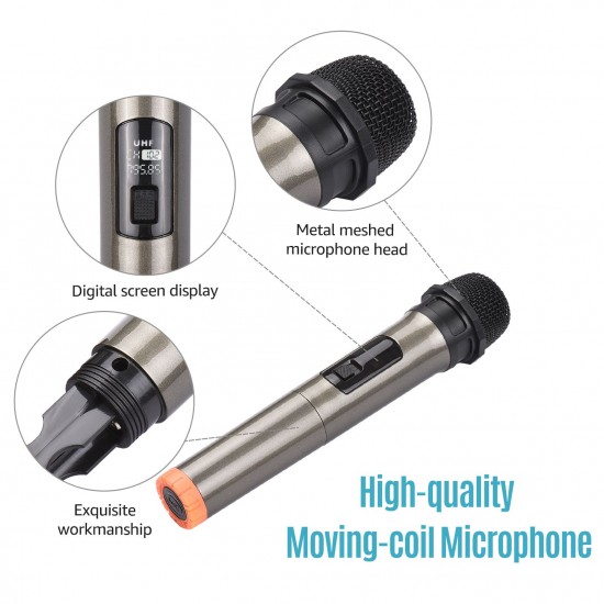 Handheld Wireless Microphone VHF Dynamic Mic with Portable Mini Receiver 6.35mm Plug Compatible with Speaker Karaoke System Home Theater System Amplifier Sound Card Mixer for Karaoke Speech Meeting Stage Performance