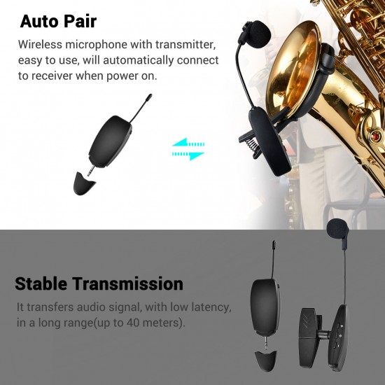 UHF Wireless Cardioid Condenser Microphone Clip-on Musical Instrument Mic for Saxophone Trumpets Clarinet