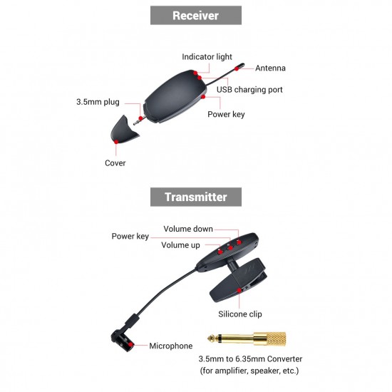 UHF Wireless Cardioid Condenser Microphone Clip-on Musical Instrument Mic for Saxophone Trumpets Clarinet