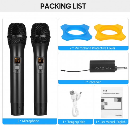 Portable UHF Microphone Set with Dual Handheld Microphones Rechargeable Receiver Frequency Modulation Plug-and-Play Dynamic Microphone Suitable for Home Entertainment Speech Live Streaming Video Recording