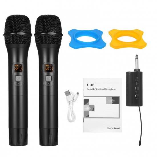 Portable UHF Microphone Set with Dual Handheld Microphones Rechargeable Receiver Frequency Modulation Plug-and-Play Dynamic Microphone Suitable for Home Entertainment Speech Live Streaming Video Recording