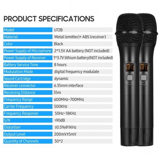 Portable UHF Microphone Set with Dual Handheld Microphones Rechargeable Receiver Frequency Modulation Plug-and-Play Dynamic Microphone Suitable for Home Entertainment Speech Live Streaming Video Recording