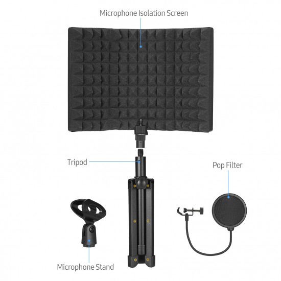 Microphone Isolation Screen with High-Density Absorbing Sponge 3-Panel Foldable Windshield Mini Wind Screen Board Sound Insulation Cover for Recording Studio Sound Absorbing Recording Equipment with Tripod Pop Filter Microphone Stand