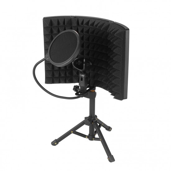 Microphone Isolation Screen with High-Density Absorbing Sponge 3-Panel Foldable Windshield Mini Wind Screen Board Sound Insulation Cover for Recording Studio Sound Absorbing Recording Equipment with Tripod Pop Filter Microphone Stand