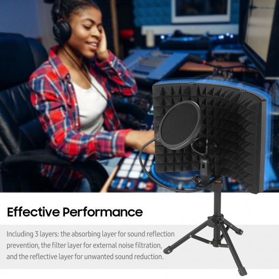 Microphone Isolation Screen with High-Density Absorbing Sponge 3-Panel Foldable Windshield Mini Wind Screen Board Sound Insulation Cover for Recording Studio Sound Absorbing Recording Equipment with Tripod Pop Filter Microphone Stand