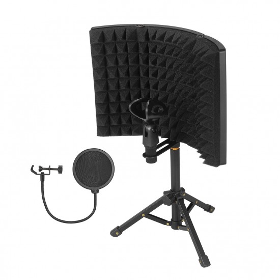 Microphone Isolation Screen with High-Density Absorbing Sponge 3-Panel Foldable Windshield Mini Wind Screen Board Sound Insulation Cover for Recording Studio Sound Absorbing Recording Equipment with Tripod Pop Filter Microphone Stand