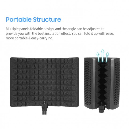 Microphone Isolation Screen with High-Density Absorbing Sponge 3-Panel Foldable Windshield Mini Wind Screen Board Sound Insulation Cover for Recording Studio Sound Absorbing Recording Equipment with Tripod Pop Filter Microphone Stand