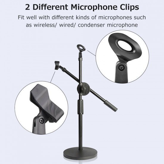 Dual Purpose Desktop Microphone Stand with Anti-slip Metal Base and 2 Mic Clips Adjustable Mic Stand Boom Arm Microphones Desk Bracket for Speech Meeting Live Stream Sing Voice Recording