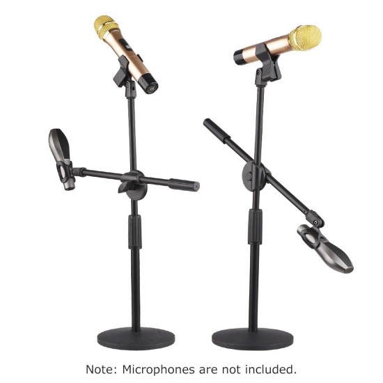 Dual Purpose Desktop Microphone Stand with Anti-slip Metal Base and 2 Mic Clips Adjustable Mic Stand Boom Arm Microphones Desk Bracket for Speech Meeting Live Stream Sing Voice Recording