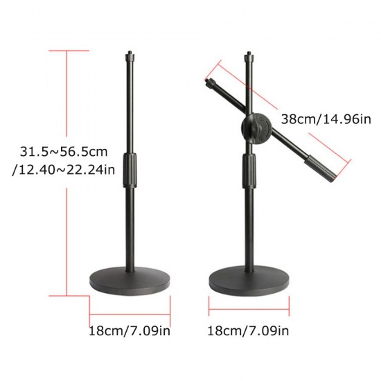 Dual Purpose Desktop Microphone Stand with Anti-slip Metal Base and 2 Mic Clips Adjustable Mic Stand Boom Arm Microphones Desk Bracket for Speech Meeting Live Stream Sing Voice Recording