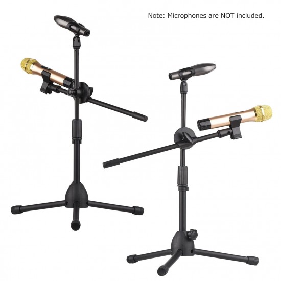 Dual Purpose Microphone Tripod Stand with 2 Mic Clips Adjustable Mic Stand Boom Arm Microphones Desk Floor Bracket for Speech Meeting Live Stream Sing Voice Recording