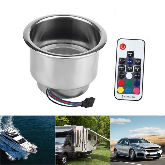 Cup Holder RGB LED Light Drink Cup Holder Remote Control Stainless Steel for Marine Boat Car Truck RV