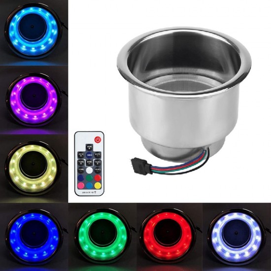 Cup Holder RGB LED Light Drink Cup Holder Remote Control Stainless Steel for Marine Boat Car Truck RV