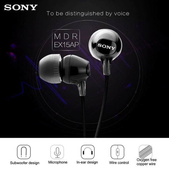 SONY MDR-EX15AP In-Ear Earphones 3.5mm Wired Earbuds Subwoofer Stereo Handsfree with Microphone Portable Headset