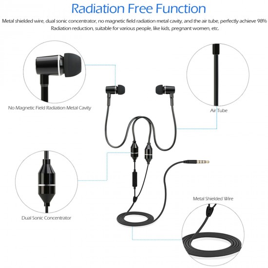 FC12 Stereo Music Headset Air Tube 3.5mm Anti-radiation Earphone In-ear Headphone Radiation Free Noise Reduction Line Control with Mic Black for Smart Phones Desktop Notebook Tablet PC