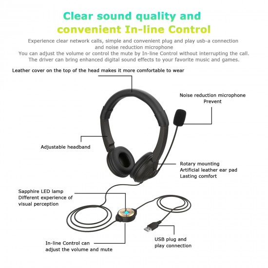 USB Wired Headset with Noise Cancelling Microphone On Ear Computer Headphone Call Center Earphone Volume Control Speaker Mic Mute Adjustable Headband