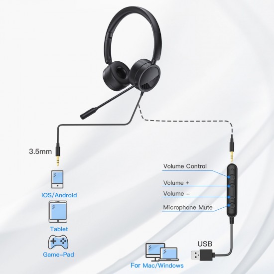 H360 3.5mm/USB Wired Telephone Headset Call Center Earphone with Microphone On Ear Computer Headphone Volume Control Speaker Mic Mute Adjustable Headband