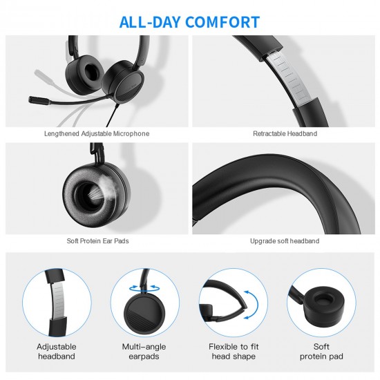 H360 3.5mm/USB Wired Telephone Headset Call Center Earphone with Microphone On Ear Computer Headphone Volume Control Speaker Mic Mute Adjustable Headband