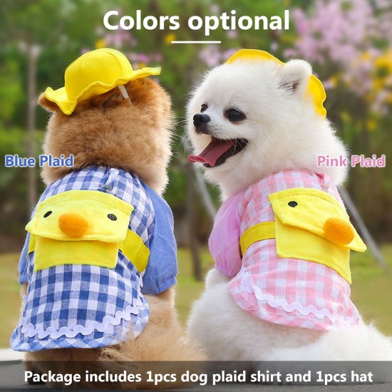 Dog Shirt Pet Plaid Shirts Pet Summer Clothes for Puppy Dogs Duck Cartoon Backpack with Yellow Hat