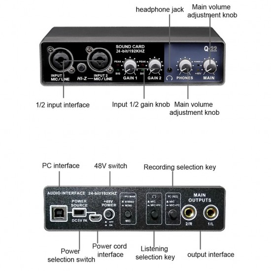 Portable Audio Interface USB Sound Card Mic Preamplifier Computers Recording Tuning Digital Mixing Equipment