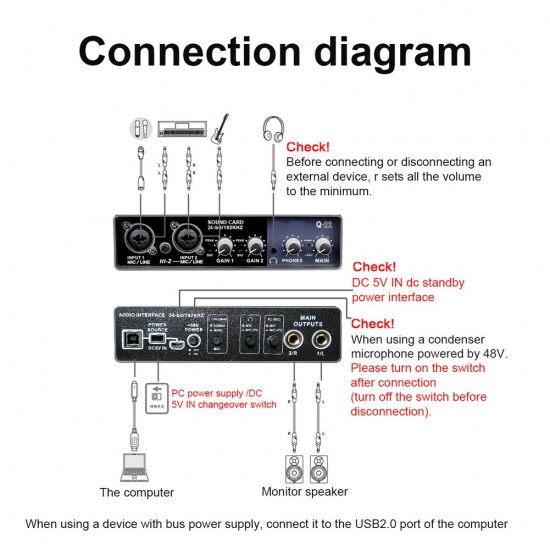 Portable Audio Interface USB Sound Card Mic Preamplifier Computers Recording Tuning Digital Mixing Equipment