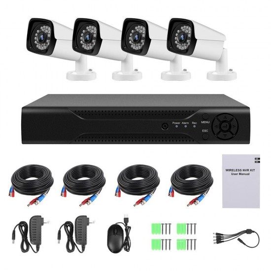 Security Cameras System 4CH 1080P WiFi Surveillance DVR Kit with 4 Weatherproof IP67 2.0MP IP Network Cameras 98ft IR-cut Night Vision P2P Remote Access US Plug