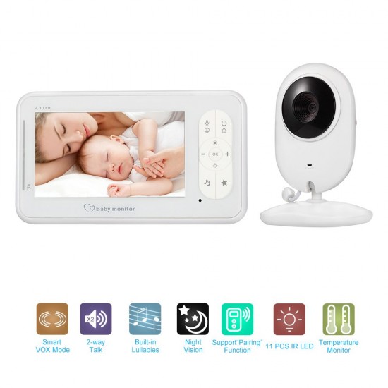 4.3inch Wireless Video Baby Monitor 2 Way Talk Baby Monitor with Camera Support 4 Cameras VOX Mode Temperature Monitoring IR Night Vision Baby Nanny Security Camera