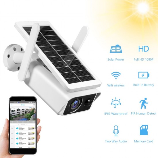 1080P Outdoor Solar Security Camera 2MP Chargeable Battery Wireless WiFi  Home Surveillance Camera with PIR Motion Detection, Night Vision, 2-Way Audio, IP66 Waterproof