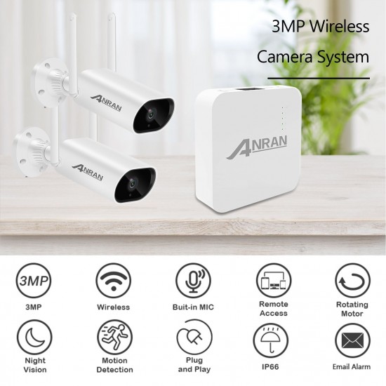 Wireless Security Camera System 4 Channel Wireless Surveillance NVR with 2pcs 3MP Super High Definition WiFi IP Camera support night vision,motion detection,alarm push,IP66 Waterproof