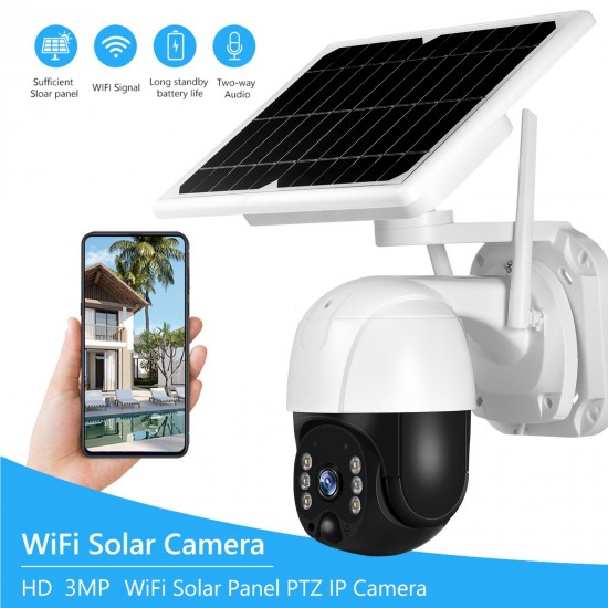 Wireless Solar Panel Security Camera, 3MP Outdoor Surveillance Rechargeable Battery Camera, Night Vision, PIR Motion Detection, IP66 Waterproof,  2-Way Audio