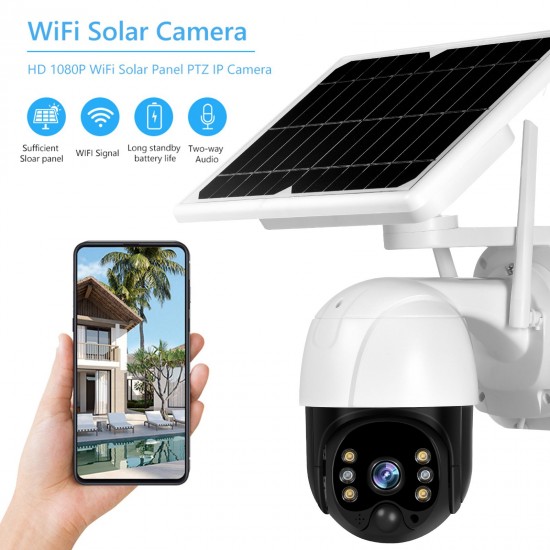 Wireless Solar Panel Security Camera, 3MP Outdoor Surveillance Rechargeable Battery Camera, Night Vision, PIR Motion Detection, IP66 Waterproof,  2-Way Audio