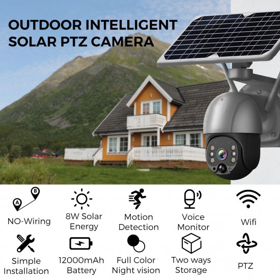 Wireless Solar Panel Security Camera, Wireless Rechargeable Battery Camera 3MP WiFi Home Security Camera with Full Color Night Vision, PIR Human Detection, Two Way Audio, Remote Access, Built-in 6pcs Battery, Silver