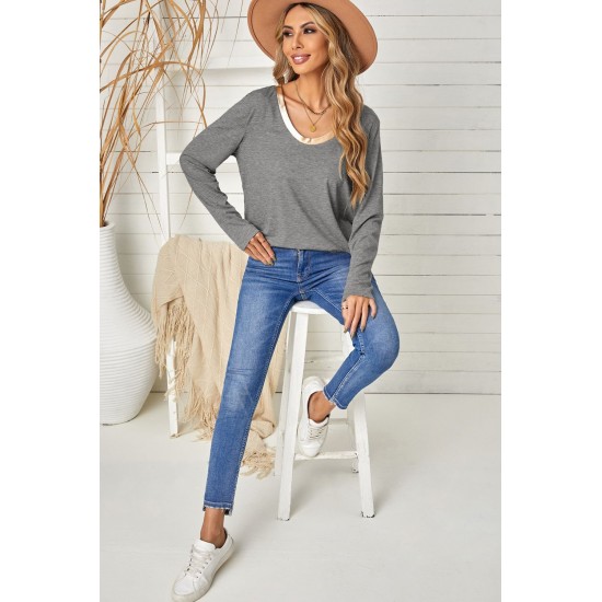 Gray Round Neck Loose Long Sleeve Top