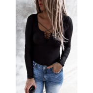 Black Ribbed Lace up Slim Fit Knit Long Sleeve Top