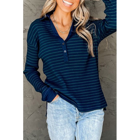 Navy Striped Ribbed Knit Polo Top