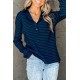 Navy Striped Ribbed Knit Polo Top