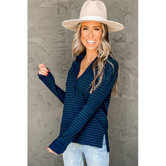 Navy Striped Ribbed Knit Polo Top