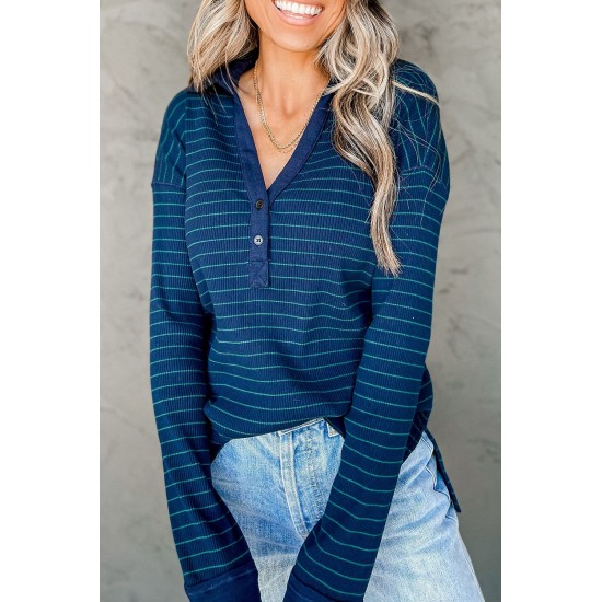 Navy Striped Ribbed Knit Polo Top