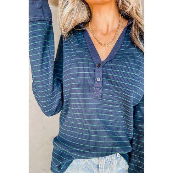 Navy Striped Ribbed Knit Polo Top