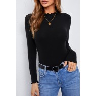 Black Mock Neck Crisp Trim Ribbed Basic Top