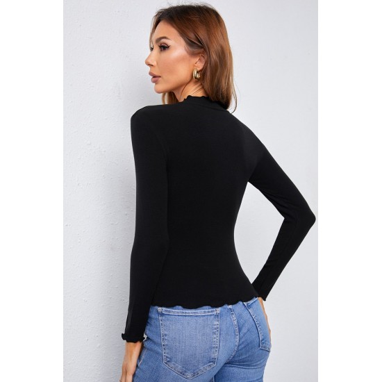 Black Mock Neck Crisp Trim Ribbed Basic Top