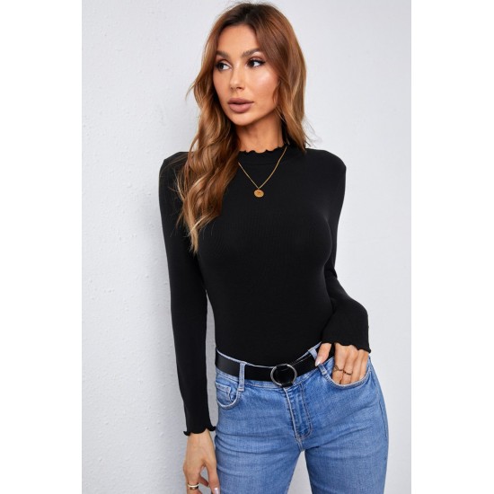 Black Mock Neck Crisp Trim Ribbed Basic Top