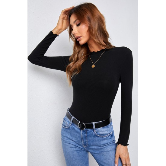 Black Mock Neck Crisp Trim Ribbed Basic Top