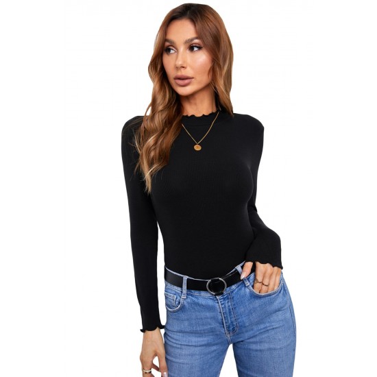 Black Mock Neck Crisp Trim Ribbed Basic Top