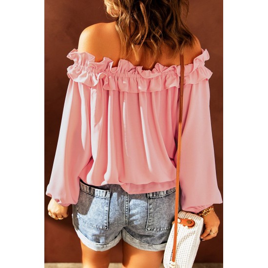 Pink Puff Sleeve Ruffled Off Shoulder Blouse