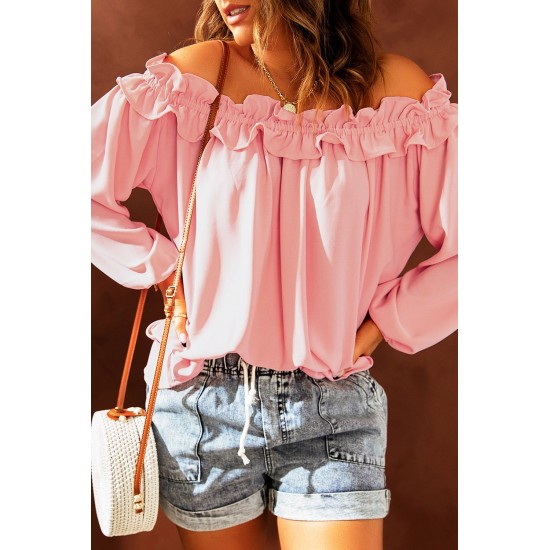 Pink Puff Sleeve Ruffled Off Shoulder Blouse